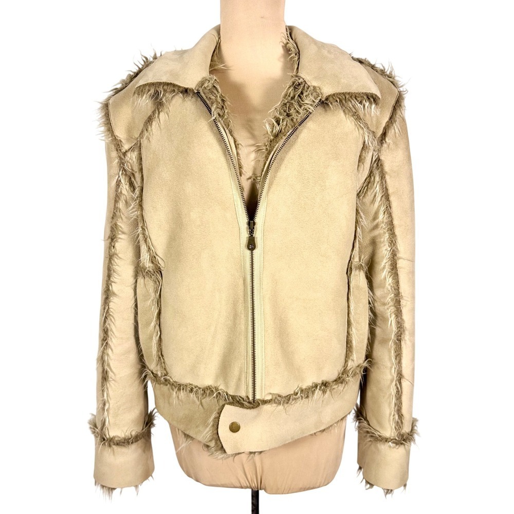 ZARA Faux‎ Suede Shearling Jacket M Tan Camel Aviator Boho Shaggy Lined Y2K